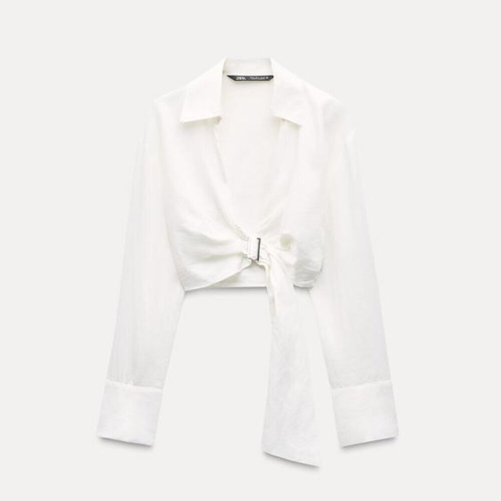 NWT ZARA BUCKLED LINEN SHIRT M | Ecru